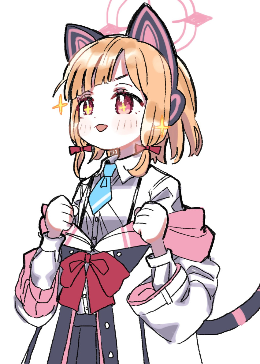 +_+ 1girl :d animal_ear_headphones animal_ears bangs black_skirt blonde_hair blue_archive blue_necktie blush bow clenched_hands collared_shirt commentary_request dress_shirt fake_animal_ears hair_bow halo hands_up headphones highres jacket looking_away momoi_(blue_archive) necktie pink_eyes pleated_skirt red_bow sanzui shirt short_necktie sidelocks simple_background skirt smile solo sparkle tail white_background white_jacket white_shirt