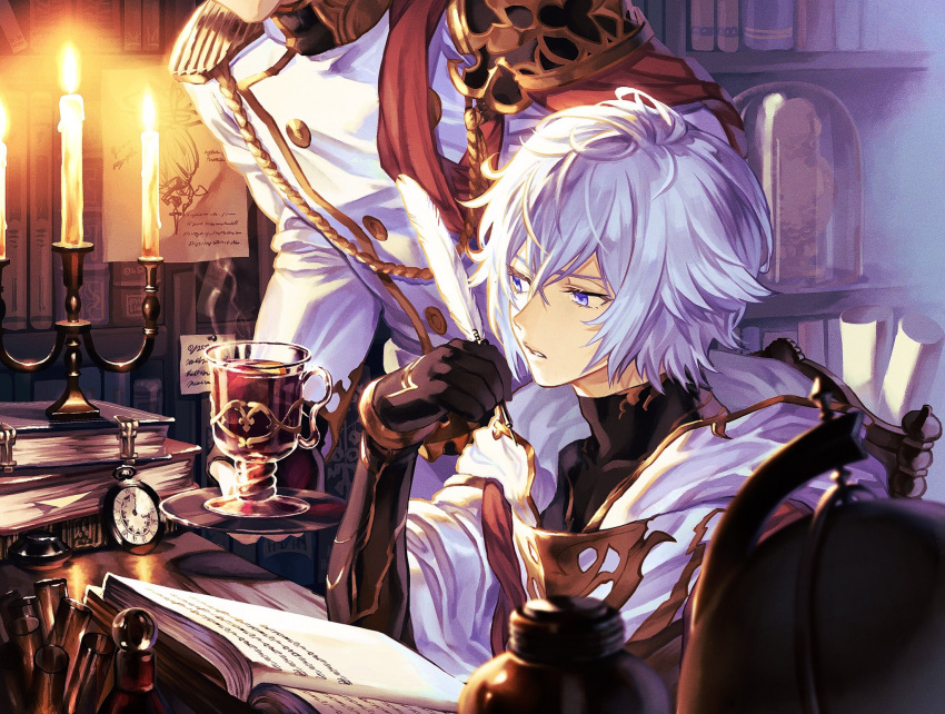 2boys blue_eyes book book_stack bookshelf brown_gloves candelabra candle chair collarbone covered_collarbone cup drawing elbow_gloves fire flame glass glint globe gloves granblue_fantasy grey_hair hair_between_eyes highres holding holding_pen holding_plate holding_quill hood hood_down inkwell kmktzzg lucilius_(granblue_fantasy) male_focus multiple_boys open_book paper parted_lips pen plate pocket_watch quill scroll sitting statue steam tea turtleneck vial watch