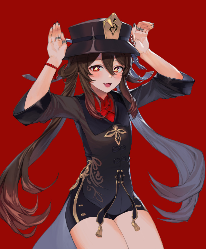 1girl :d arms_up black_headwear black_nails black_shorts cowboy_shot fang fingers flower genshin_impact half-closed_eyes highres hu_tao jewelry lilithmy nail_polish open_mouth red_background red_flower ring short_shorts shorts simple_background smile solo symbol-shaped_pupils tailcoat twintails