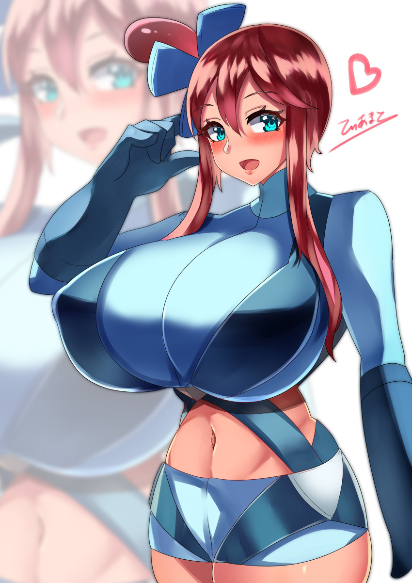 1girl absurdres blue_eyes blush breasts heart highres huge_breasts long_hair looking_at_viewer navel open_mouth pokemon redhead short_shorts shorts skyla_(pokemon) solo tagme tea_texiamato