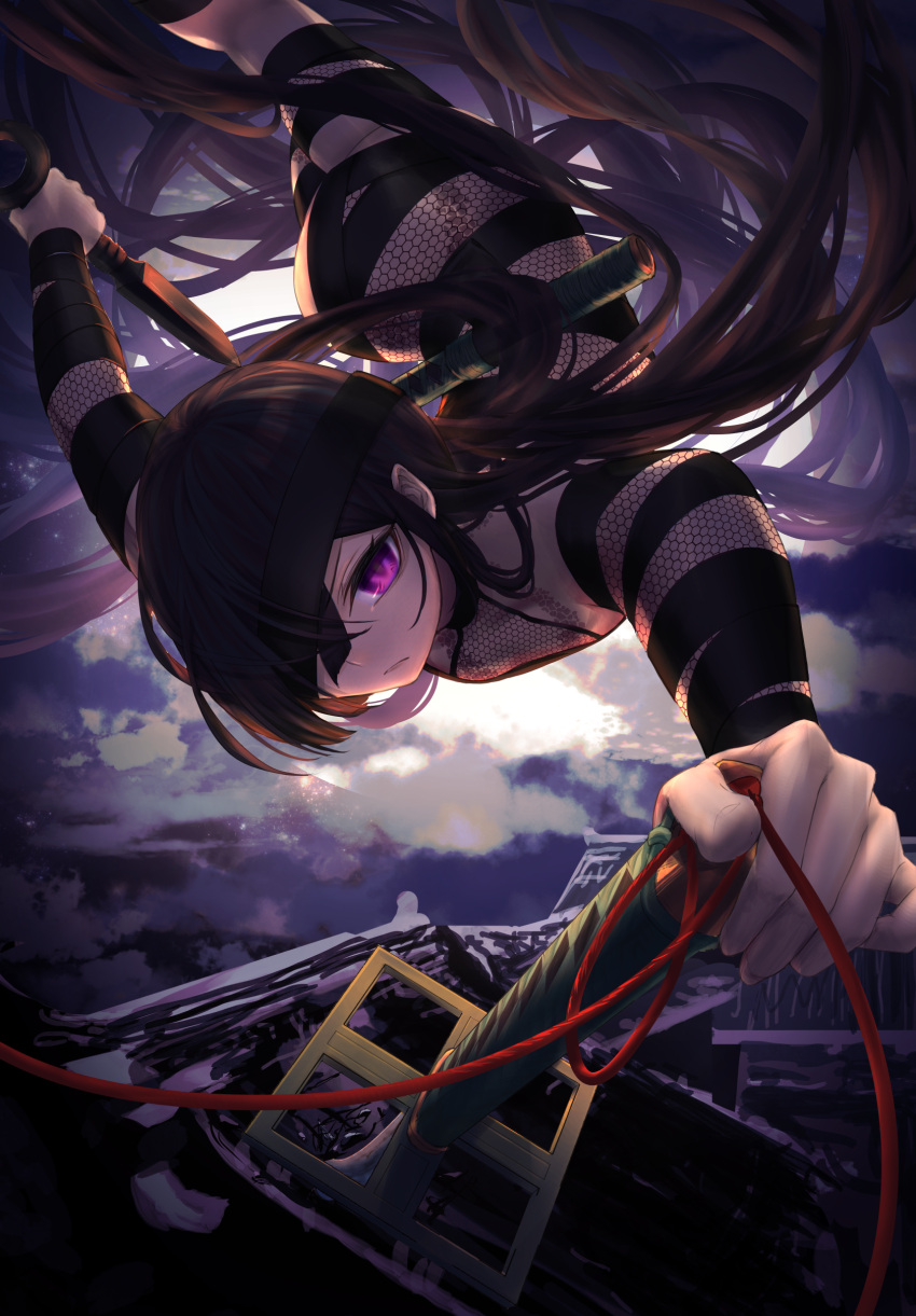 1girl absurdly_long_hair absurdres black_choker black_hair black_ribbon bodysuit choker closed_mouth clouds commentary_request eyebrows_visible_through_hair eyepatch fate/grand_order fate_(series) fishnet_bodysuit fishnets hair_over_one_eye highres holding holding_sword holding_weapon kunai long_hair looking_at_viewer mochizuki_chiyome_(fate) moon night night_sky ninja ninjatou outdoors reverse_grip ribbon sheath short_sword sky snake_tattoo solo sword tattoo very_long_hair violet_eyes weapon yuurei447