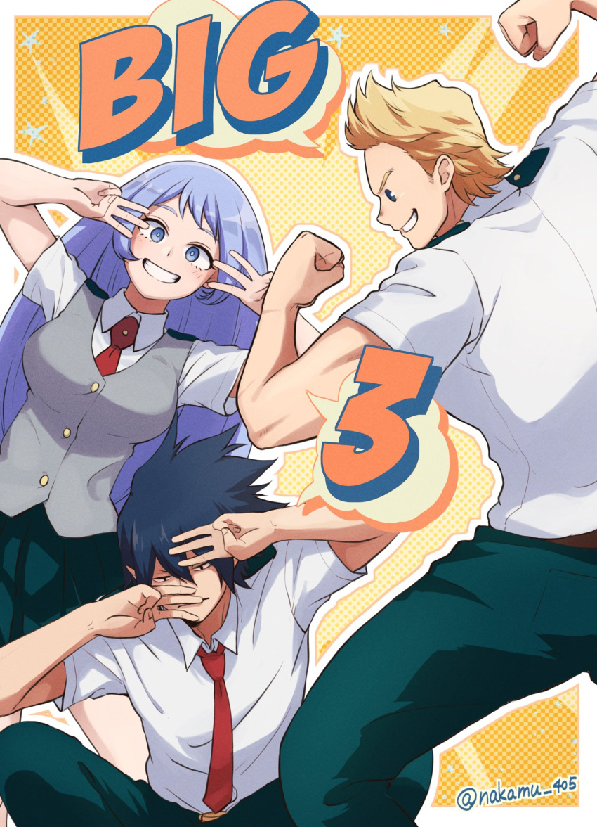 1girl 2boys amajiki_tamaki artist_name black_eyes blonde_hair blue_eyes blue_hair boku_no_hero_academia border buttons collared_shirt commentary_request covering_face double_w fingernails flexing green_pants green_skirt grey_vest grin hadou_nejire hair_between_eyes halftone highres indian_style long_hair looking_at_viewer looking_away looking_down middle_w multiple_boys nakamu_405 necktie no_sclera outline pants pleated_skirt pointy_ears pose red_neckwear school_uniform shared_speech_bubble shirt short_hair short_sleeves sitting skirt smile speech_bubble togata_mirio u.a._school_uniform vest w white_border white_outline white_shirt