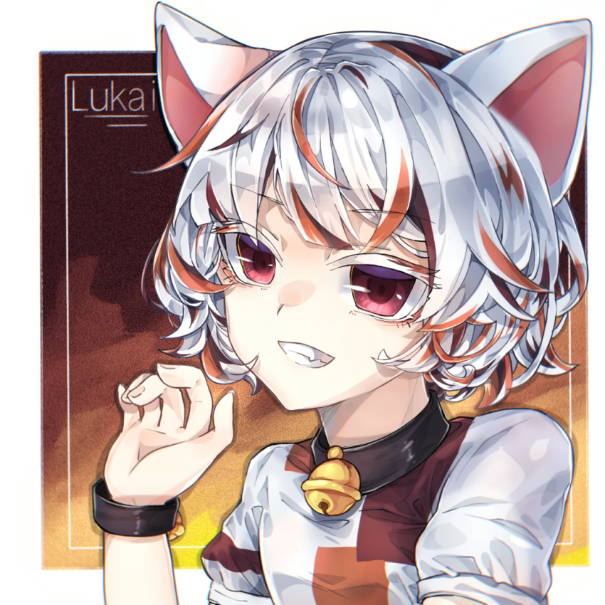 animal_ears bell cat_ears choker clenched_teeth eyebrows_visible_through_hair fang grin hand_up multicolored_hair neck_bell orange_hair red_eyes shirt short_hair signature smile teeth thick_eyelashes touhou unconnected_marketeers unnamed_cat_girl_(touhou) user_gufr8727 white_hair