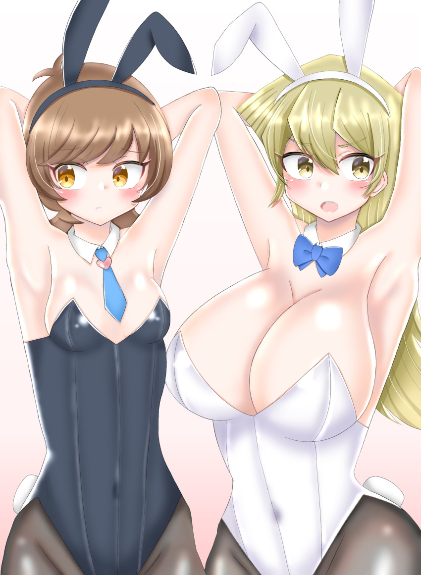 2girls animal_ears armpits arms_up bangs bare_shoulders black_headband black_legwear black_leotard blonde_hair blue_bow blue_neckwear blush bow bowtie breasts brown_eyes brown_hair bunny_tail covered_navel cowboy_shot detached_collar fake_animal_ears fake_tail gradient gradient_background hair_between_eyes headband heart highres huge_breasts leotard medium_breasts multiple_girls necktie open_mouth pantyhose pink_background playboy_bunny rabbit_ears strapless strapless_leotard swept_bangs tail tenjouin_asuka user_zufk3473 white_headband white_leotard yellow_eyes yu-gi-oh! yu-gi-oh!_gx yu-gi-oh!_vrains zaizen_aoi