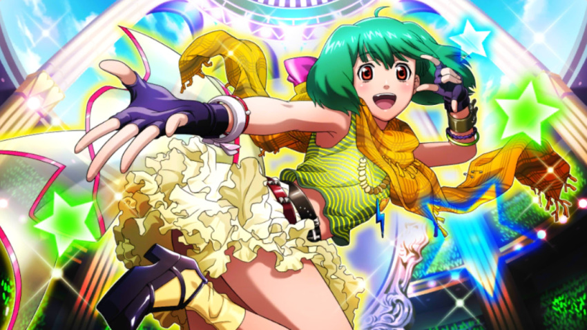 1girl :d \m/ ahoge bangle bracelet fingerless_gloves from_below game_cg gloves green_hair jewelry looking_back macross macross_frontier midriff_peek necklace open_mouth outstretched_arm ranka_lee red_eyes scarf short_hair skirt smile solo uta_macross_sumaho_deculture
