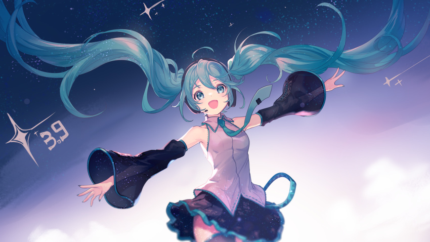 1girl 39 :d ahoge asukayou bangs black_hairband black_skirt black_sleeves blue_eyes blue_hair blue_neckwear collared_shirt detached_sleeves floating_hair grey_shirt hair_between_eyes hairband hatsune_miku headphones headset long_hair long_sleeves microphone miniskirt necktie open_mouth outstretched_arms pleated_skirt shiny shiny_hair shirt skirt sky sleeveless sleeveless_shirt smile solo standing star_(sky) starry_sky twintails very_long_hair vocaloid wing_collar