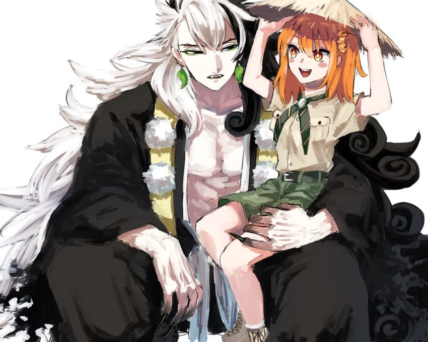 1boy 1girl abs ahoge ascot ashiya_douman_(fate) asymmetrical_hair bell black_eyes black_hair blush blush_stickers boots breasts couple curly_hair earrings eyeshadow fangs fate/grand_order fate_(series) fingernails fujimaru_ritsuka_(female) green_eyeshadow green_nails green_neckwear hair_bell hair_between_eyes hair_intakes hair_ornament hair_scrunchie hat hetero highres jewelry leg_grab long_hair looking_at_another magatama magatama_earrings makeup multicolored_hair on_lap on_person one_side_up open_mouth orange_eyes orange_hair parted_lips pectorals piyo_(hapitannkobu) putting_on_headwear scrunchie sharp_fingernails side_ponytail simple_background small_breasts smile straw_hat toned toned_male two-tone_hair very_long_fingernails very_long_hair white_background white_hair