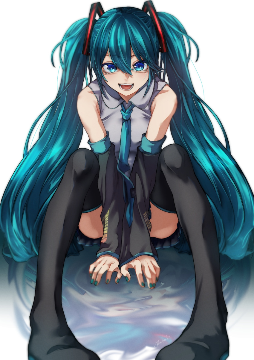 1girl :d aqua_nails bangs between_legs black_footwear black_skirt black_sleeves blue_eyes blue_hair blue_neckwear boots collared_shirt detached_sleeves eyebrows_visible_through_hair grey_shirt hair_between_eyes hair_ornament hand_between_legs hatsune_miku highres long_hair long_sleeves looking_at_viewer miniskirt nail_polish necktie open_mouth pleated_skirt pom_carrot shiny shiny_hair shirt simple_background sitting skirt sleeveless sleeveless_shirt smile solo thigh-highs thigh_boots very_long_hair vocaloid white_background wing_collar