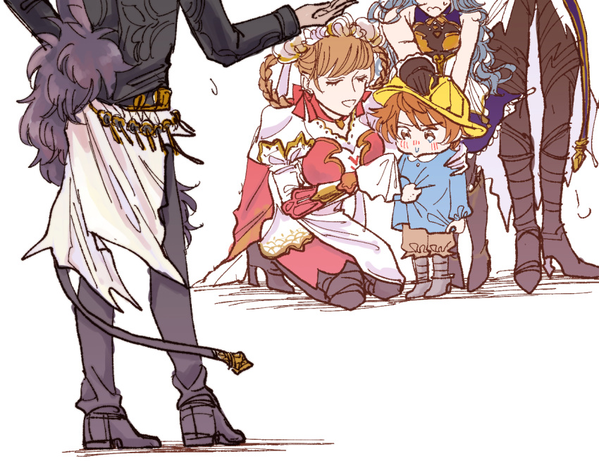 2boys 3girls animal_ears belial_(granblue_fantasy) brown_hair child crying erune feather_boa ferry_(granblue_fantasy) gran_(granblue_fantasy) granblue_fantasy juliet_(granblue_fantasy) kindergarten_uniform long_sleeves looking_down multiple_boys multiple_girls out_of_frame sandalphon_(granblue_fantasy) simple_background tandem tears white_background