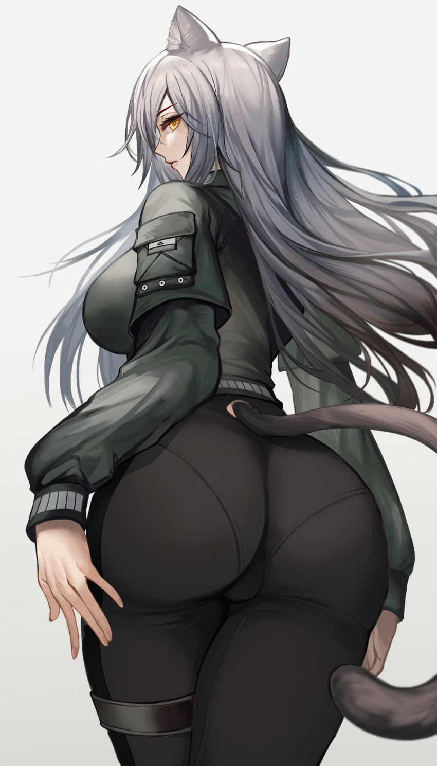1girl animal_ear_fluff animal_ears arknights ass bangs black_pants breasts cat_ears cat_girl cat_tail commentary_request from_behind highres large_breasts long_hair looking_at_viewer looking_back official_alternate_costume pants pengnangehao schwarz_(arknights) schwarz_(skyline)_(arknights) silver_hair solo tail white_background yellow_eyes