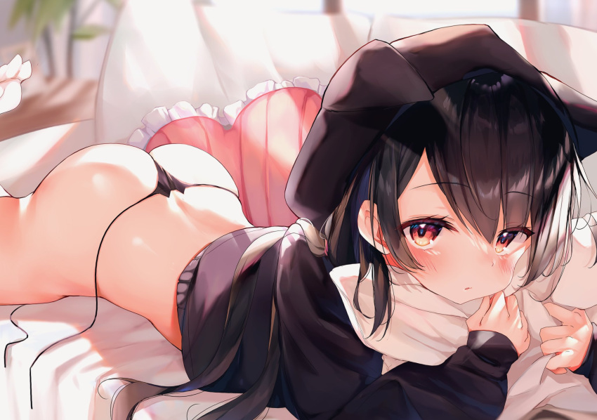 1girl animal_ears ass beret black_hair black_headwear black_panties black_shirt couch crop_top fake_animal_ears hat highres leg_up long_hair long_sleeves looking_at_viewer lying micro_panties nekomugiharu no_pants on_couch on_stomach original panties parted_lips pillow pillow_hug red_eyes shirt side-tie_panties solo string_panties thighs toes underwear untied untied_panties