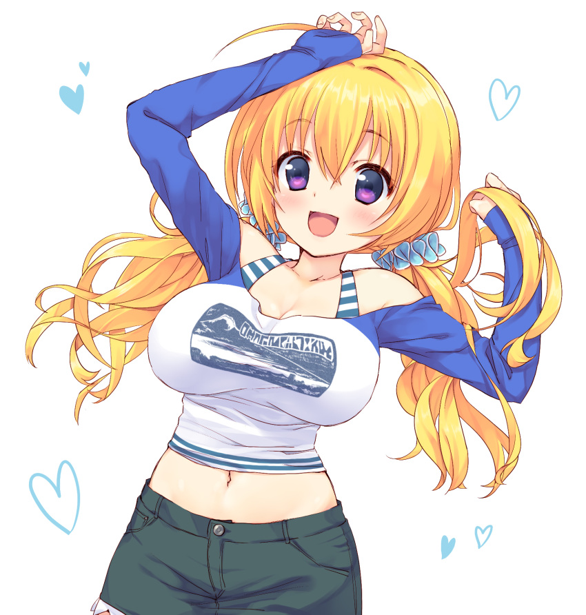 1girl :d black_pants blonde_hair blue_scrunchie blue_sleeves breasts hair_ornament hair_scrunchie heart highres large_breasts lena_liechtenauer long_hair looking_at_viewer namamoto navel open_mouth pants raglan_sleeves scrunchie senren_banka shirt simple_background smile solo taut_clothes taut_shirt twintails upper_body violet_eyes white_background