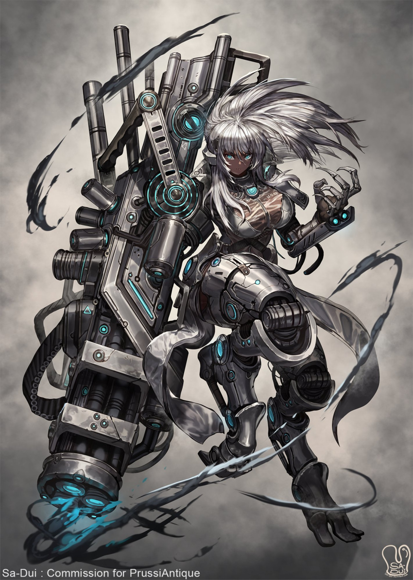 1girl arm_cannon artist_name bangs blue_eyes breasts claws commission cyborg dark_skin dark-skinned_female english_commentary floating_hair highres large_breasts leg_up long_hair looking_at_viewer mecha_musume mechanical_legs original sa-dui science_fiction silver_hair solo standing standing_on_one_leg weapon
