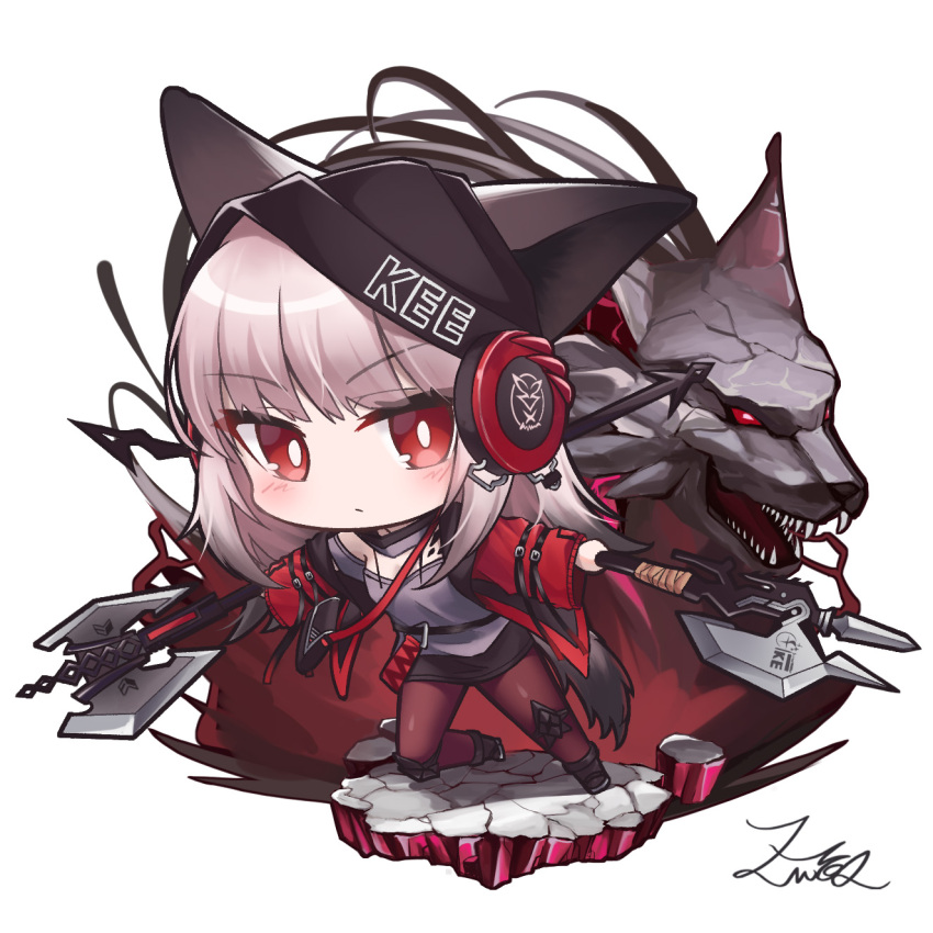 1girl animal_ears arknights axe bangs beanie black_footwear black_hair black_headwear black_skirt blush boots brown_hair brown_legwear chibi closed_mouth dual_wielding eyebrows_visible_through_hair frostleaf_(arknights) full_body gradient_hair grey_shirt hat headphones highres holding holding_axe jacket knee_pads long_hair long_sleeves looking_at_viewer multicolored_hair open_clothes open_jacket pantyhose red_eyes red_jacket shirt signature simple_background skirt solo tail v-shaped_eyebrows white_background wide_sleeves z.m._(school913102)