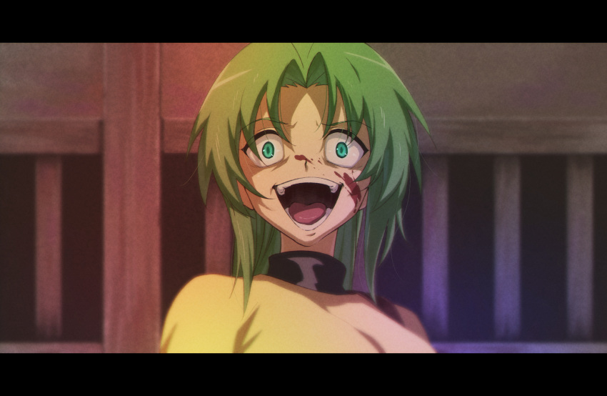 1girl :d bangs blood blood_on_face blurry blurry_background derivative_work eyebrows_visible_through_hair green_eyes green_hair gulim hair_between_eyes hair_intakes higurashi_no_naku_koro_ni long_hair looking_at_viewer open_mouth portrait screencap_redraw shiny shiny_hair shirt smile solo sonozaki_mion yellow_shirt