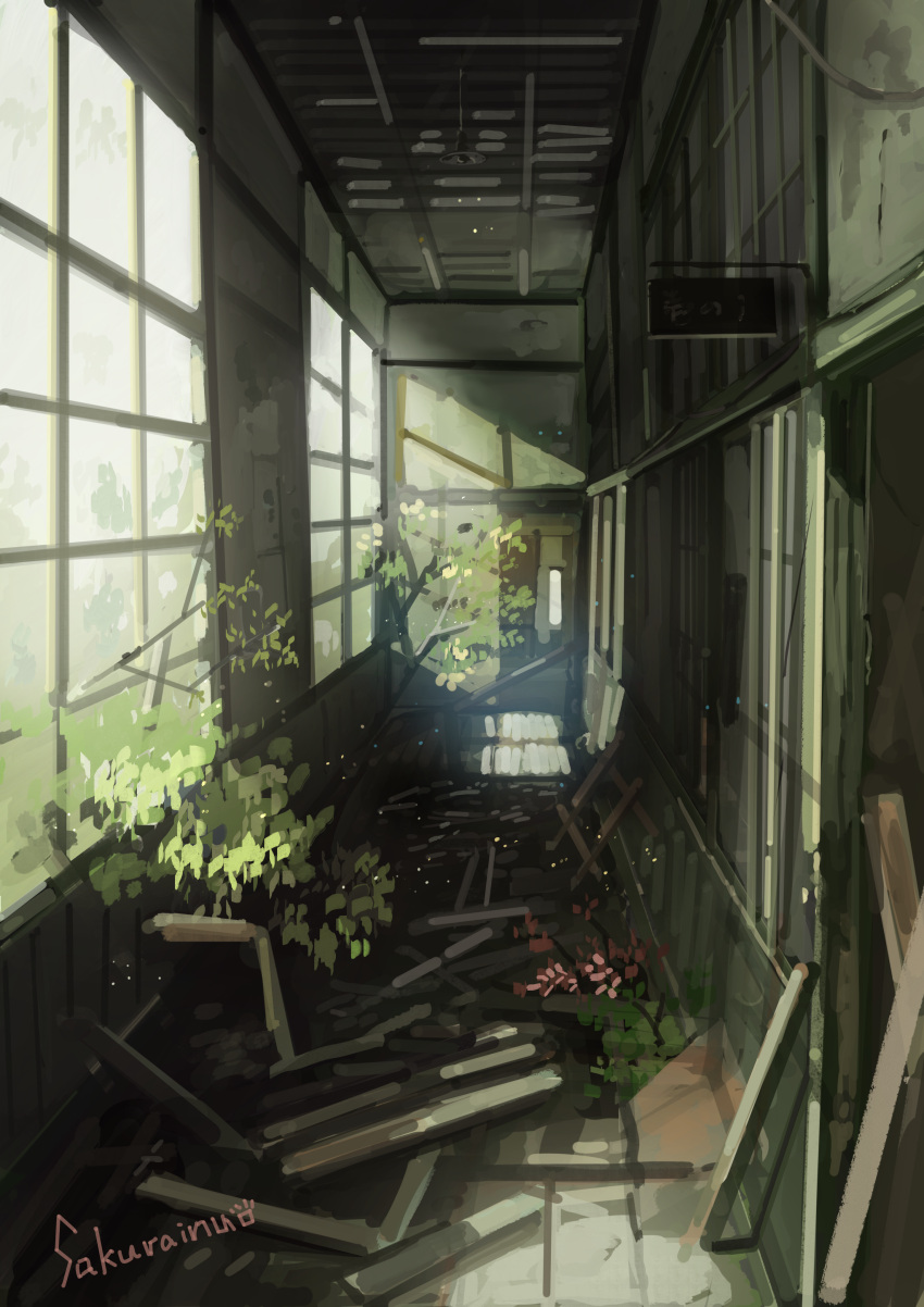 abandoned absurdres broken_glass broken_window glass hallway highres leaf no_humans original plant ruins sakura_inu_(itoyatomo) scenery summer sunlight sunset window