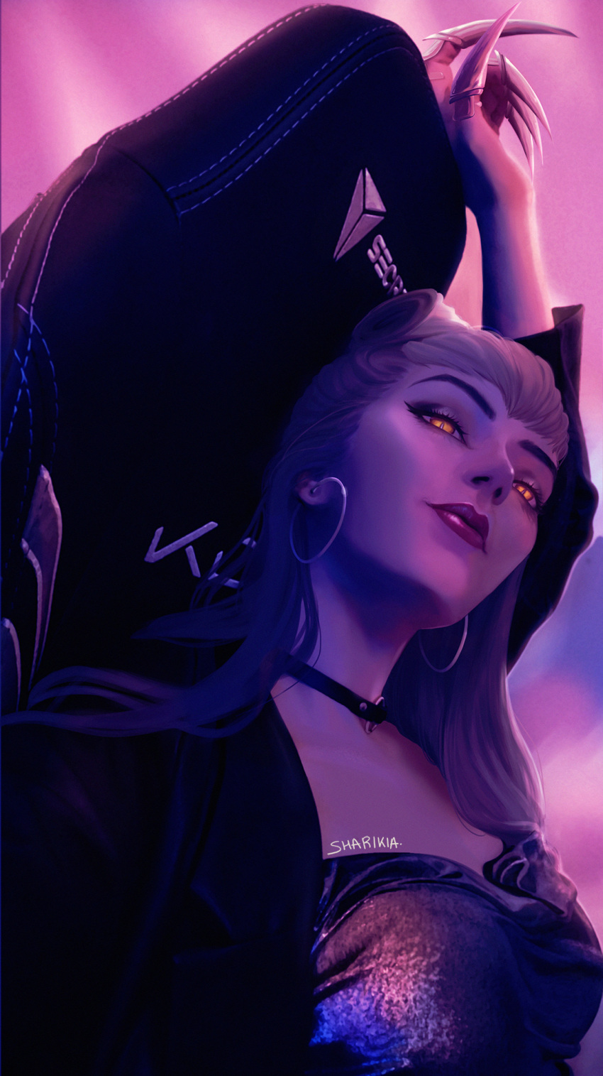 1girl chair choker claws demon_girl dress earrings evelynn_(league_of_legends) gaming_chair highres hoop_earrings jewelry league_of_legends lipstick looking_at_viewer makeup shari_kia slit_pupils solo the_baddest_evelynn yellow_eyes