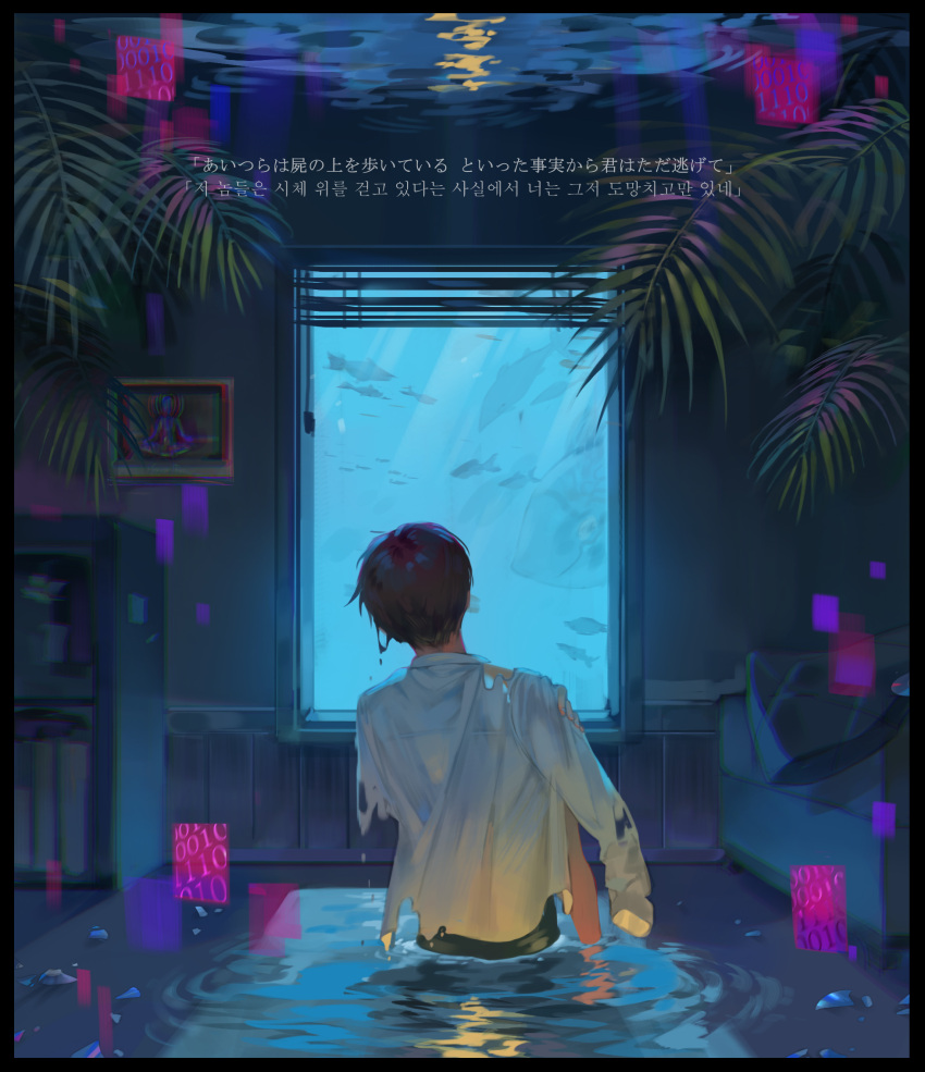 1boy album_cover black_border black_hair border chyoel commentary cover facing_away fish from_behind highres indoors korean_commentary korean_text long_sleeves male_focus original shirt short_hair sleeves_past_fingers sleeves_past_wrists solo torn_clothes torn_shirt translation_request wading white_shirt window