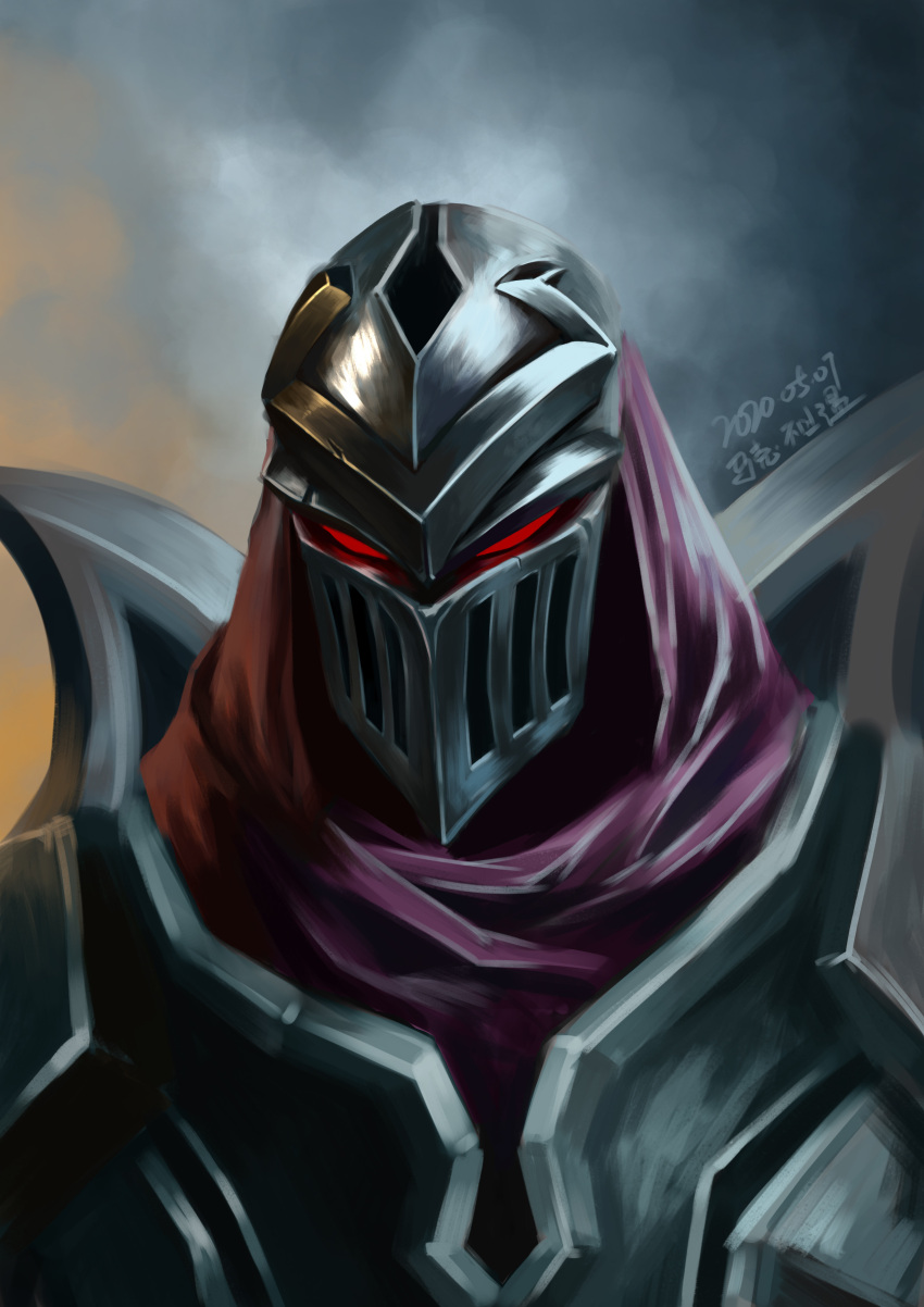 1boy absurdres armor breastplate dated glowing glowing_eyes helm helmet highres league_of_legends makebutuwen male_focus mask red_eyes scratches signature solo upper_body weapon weapon_on_back zed_(league_of_legends)