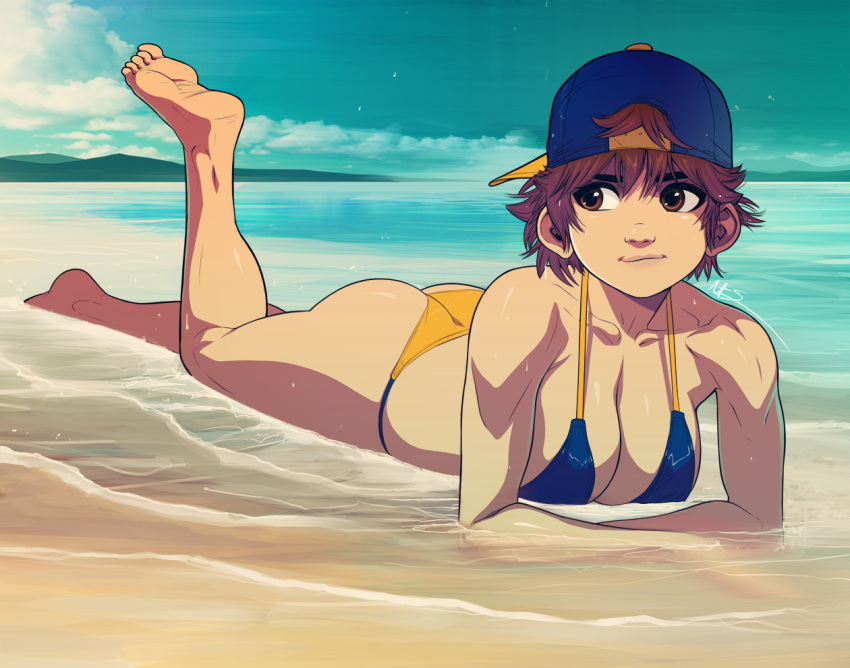 1girl ass backwards_hat barefoot baseball_cap beach bikini blue_bikini blue_headwear blue_sky breasts brown_eyes brown_hair collarbone ears exmile full_body hat kasugano_sakura large_breasts leg_up looking_to_the_side lying mismatched_eyebrows mountainous_horizon multicolored multicolored_bikini multicolored_clothes ocean on_stomach short_hair sky soles solo spaghetti_strap street_fighter swimsuit the_pose thick_eyebrows tomboy toned wet wet_hair yellow_bikini