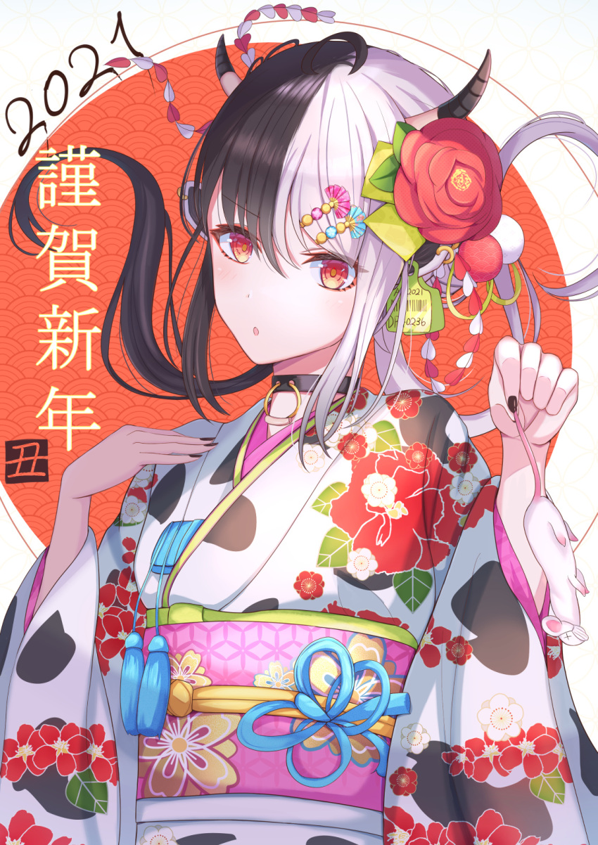1girl 2021 animal bangs black_hair black_nails eyebrows_visible_through_hair floral_print flower hair_between_eyes hair_flower hair_ornament happy_new_year highres holding holding_animal horns inaka_44 japanese_clothes kimono long_hair looking_at_viewer mouse multicolored_hair nail_polish nengajou new_year obi original parted_lips red_eyes red_flower sash sidelocks solo two-tone_hair upper_body white_hair white_kimono wide_sleeves