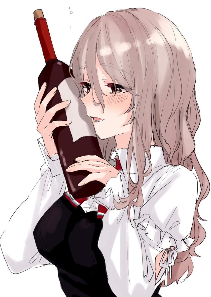 1girl :d bangs blush bottle breasts brown_eyes brown_hair drunk eyebrows_visible_through_hair frilled_sleeves frills hair_between_eyes highres holding holding_bottle kamisuiori kantai_collection long_hair long_sleeves medium_breasts object_hug open_mouth pola_(kancolle) red_neckwear simple_background smile solo upper_body wavy_hair white_background wine_bottle