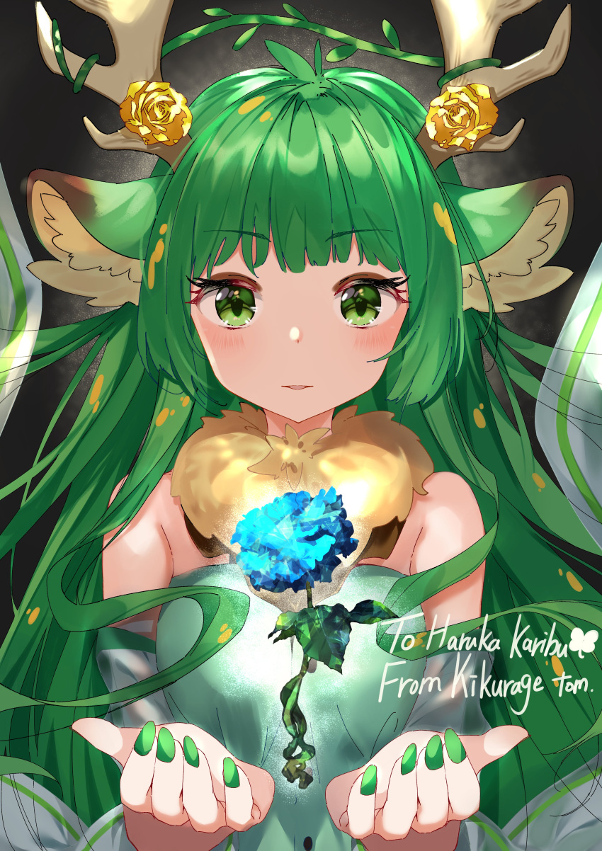 1girl absurdres animal_ear_fluff animal_ears antlers artist_name bangs blue_flower character_name commission detached_sleeves dress english_commentary eyebrows_visible_through_hair floating flower green_dress green_eyes green_hair green_nails haruka_karibu highres indie_virtual_youtuber kikurage_tom. moose_ears moose_girl parted_lips rose second-party_source skeb_commission solo virtual_youtuber yellow_flower yellow_rose