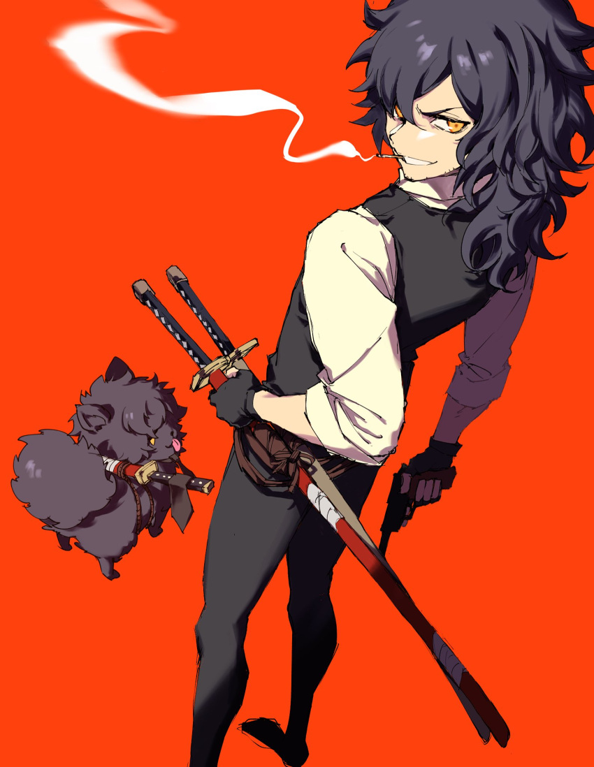 1boy animal bandages black_hair cigarette dog facial_hair fate/grand_order fate_(series) fingerless_gloves gloves gun handgun highres holding holding_gun holding_sheath holding_weapon katana kmktzzg looking_back medium_hair okada_izou_(fate) orange_background scabbard sheath sheathed simple_background sleeves_rolled_up smile smoke smoking standing stubble sword tongue tongue_out weapon yellow_eyes