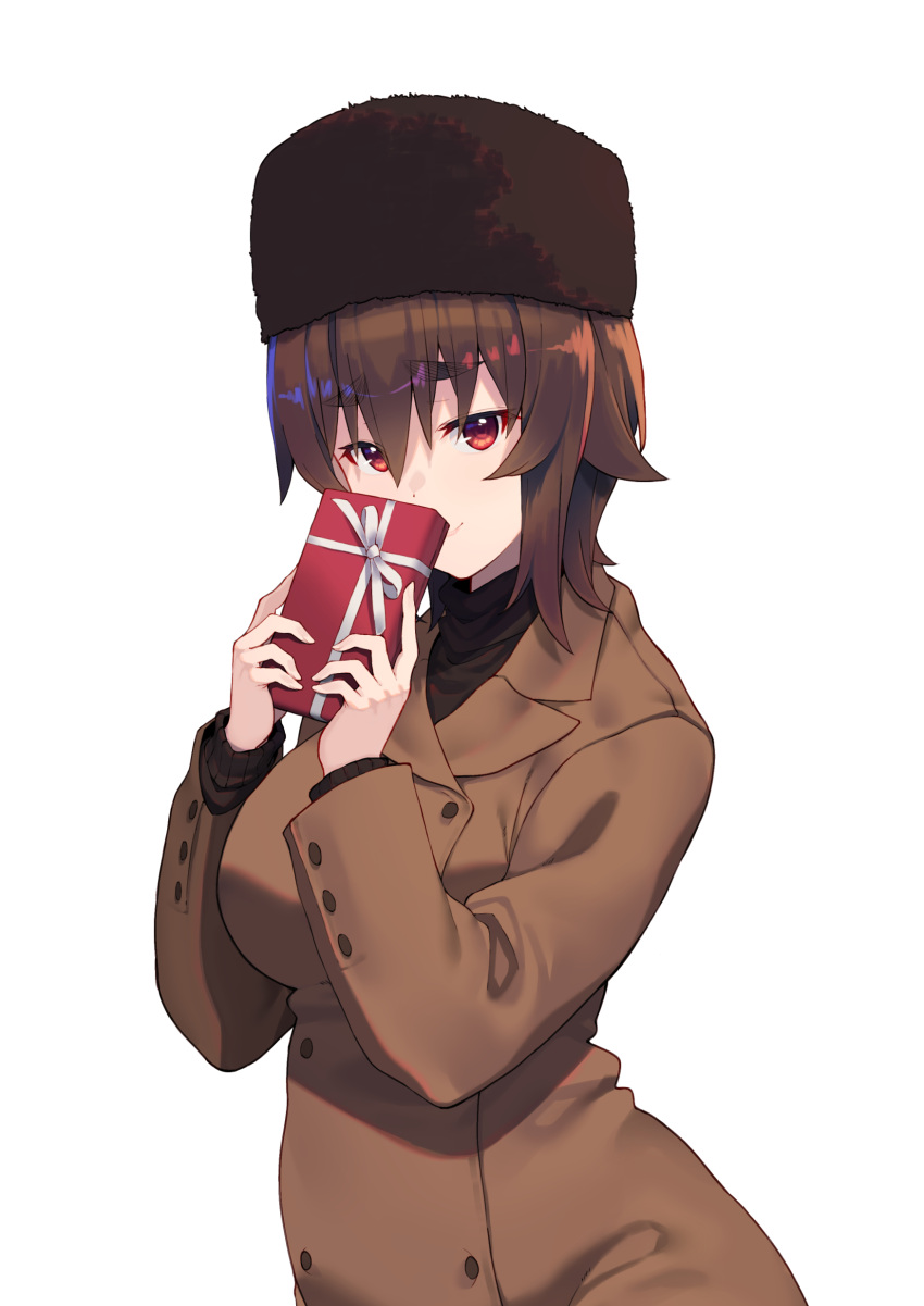 1girl absurdres bangs black_headband black_shirt brown_coat brown_hair closed_mouth coat commentary fur_hat gift hat headband highres holding holding_gift hoshinomiya_nayuki kimi_tsuru long_sleeves looking_at_viewer original red_eyes shirt short_hair simple_background smile solo standing trench_coat ushanka valentine white_background