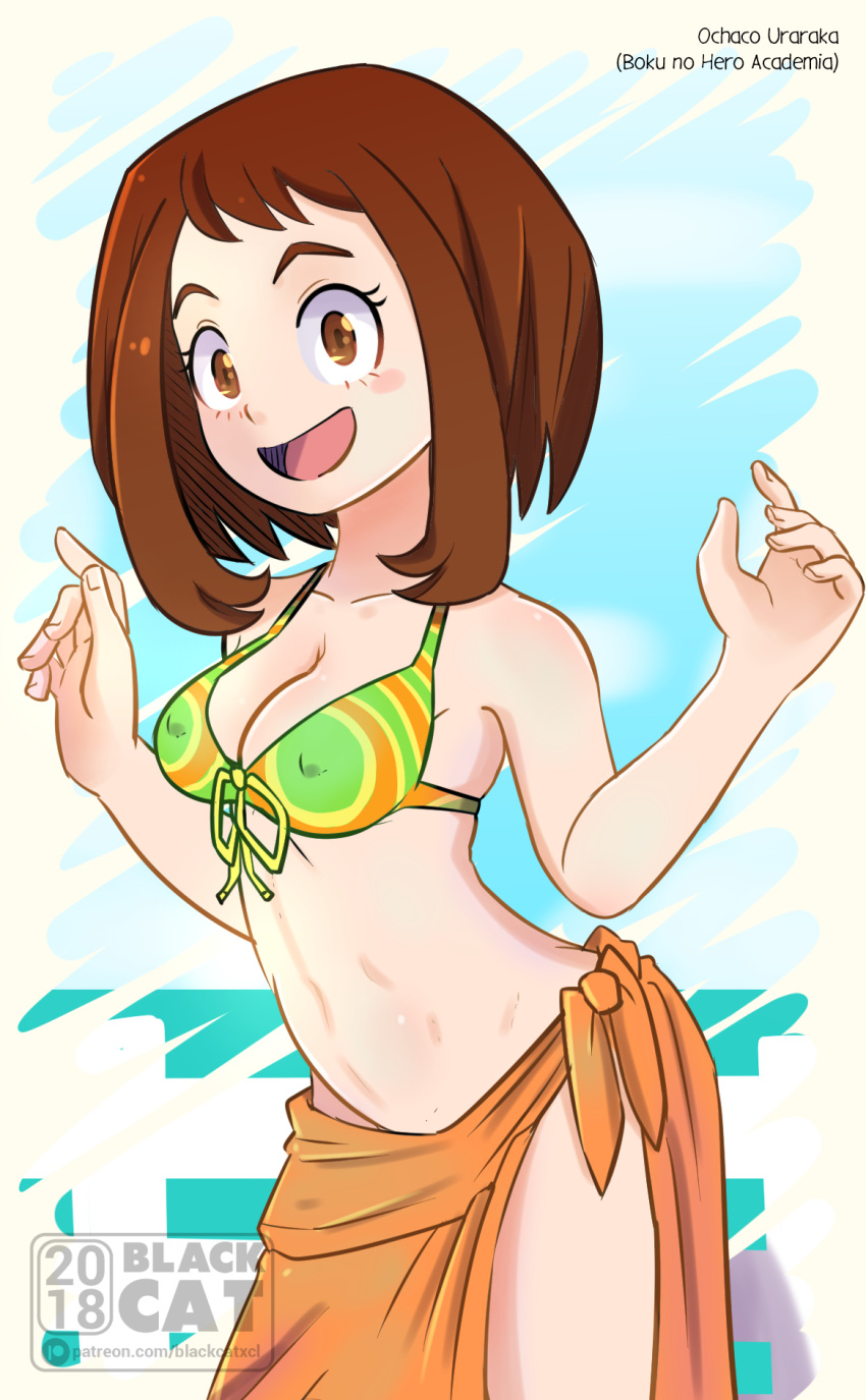 bellybutton bikini bikini_top boku_no_hero_academia bra brown_hair fanart midriff navel orange_sarong pareo sarong summer swimsuit uraraka_ochako