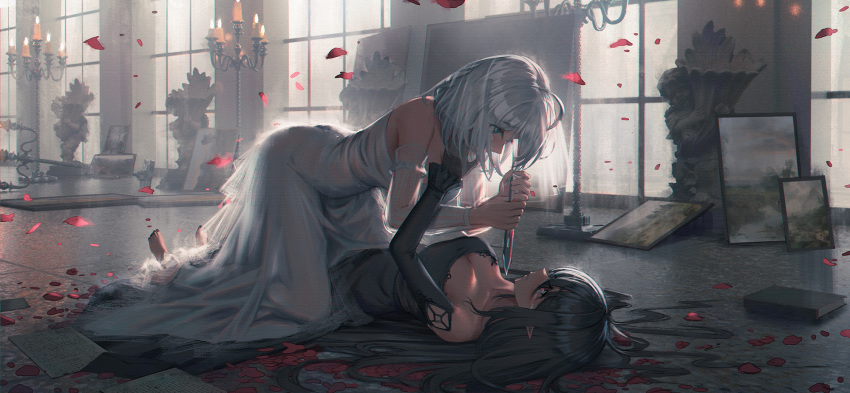 2girls ahoge bare_shoulders barefoot black_dress black_hair blood blue_eyes breasts candlestand commentary detached_sleeves dress english_commentary highres holding holding_weapon indoors kneeling long_hair looking_at_another lying multiple_girls on_back original painting_(object) pointy_ears red_eyes short_hair sleeveless sleeveless_dress tears weapon wedding_dress white_dress white_hair yuri yurichtofen