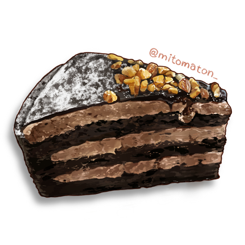 cake cake_slice chocolate dessert food food_focus highres mitomaton no_humans nut_(food) original pastry realistic simple_background still_life sweets white_background