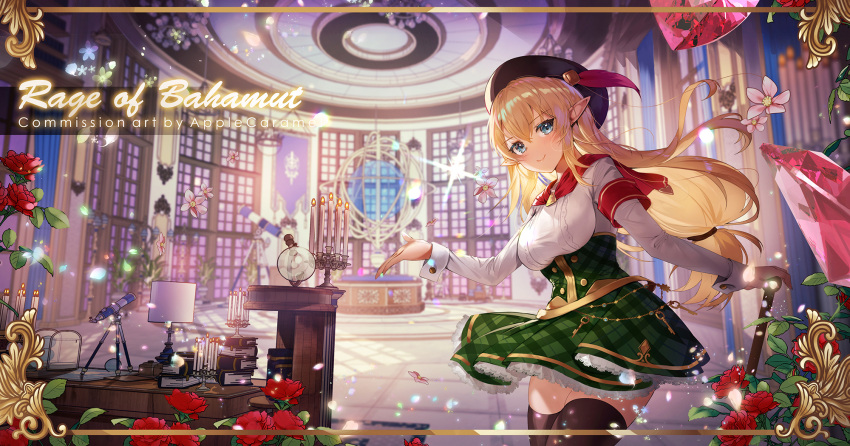 1girl apple_caramel armband artist_name black_legwear blonde_hair blue_eyes book book_stack breasts candle commission copyright_name crystal desk flower green_skirt hanna_(shingeki_no_bahamut) hat highres indoors lamp large_breasts long_sleeves pointy_ears red_flower shingeki_no_bahamut skirt solo standing telescope thigh-highs window wrist_cuffs