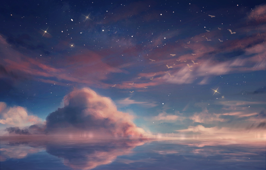 bird clouds czy_(2894456992) highres horizon night night_sky no_humans ocean original outdoors reflection scenery sky star_(sky) sunset