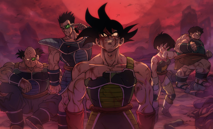 armor bardock bleeding blood blood_on_face bloody_clothes bloody_hands bodysuit boriroba breastplate broken broken_armor bruise bruise_on_face bruised_eye clenched_teeth dirty dragon_ball dragon_ball_z highres injury monkey_tail panbukin_(dragon_ball) pauldrons red_sky saiyan saiyan_armor scouter scratches seripa shoulder_armor sky tail teeth toma_(dragon_ball) torn_bodysuit torn_clothes toteppo