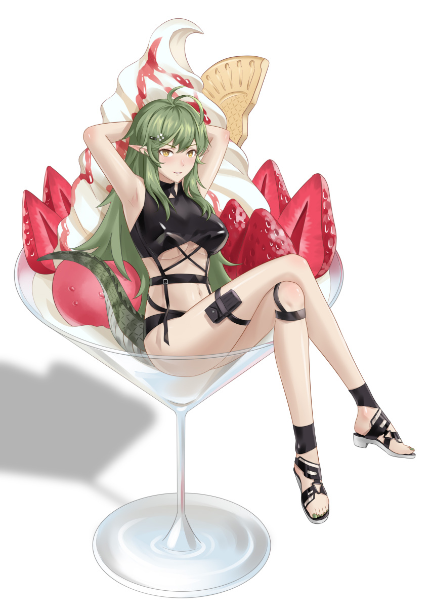 1girl absurdres antenna_hair arknights armpits arms_up bangs bare_legs bare_shoulders black_footwear blush breasts chinese_commentary commentary_request crocodilian_tail crossed_legs cup da_akana_xiv drinking_glass food gavial_(arknights) green_hair green_nails grin highres ice_cream long_hair looking_at_viewer medium_breasts navel parted_lips pointy_ears pouch sandals shadow simple_background sitting smile solo stomach tail thigh_strap thighs toenail_polish under_boob white_background wine_glass yellow_eyes