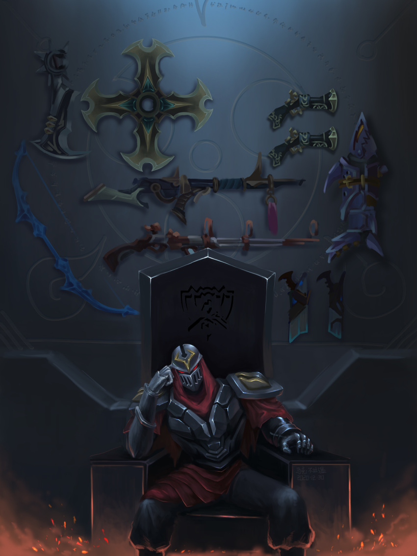 1boy absurdres armor blade bow_(weapon) breastplate embers fire gauntlets glowing glowing_eyes gun handgun helm helmet highres league_of_legends makebutuwen male_focus mask pauldrons pistol red_eyes rifle rocket_launcher shoulder_armor sitting solo spread_legs throne vambraces weapon zed_(league_of_legends)