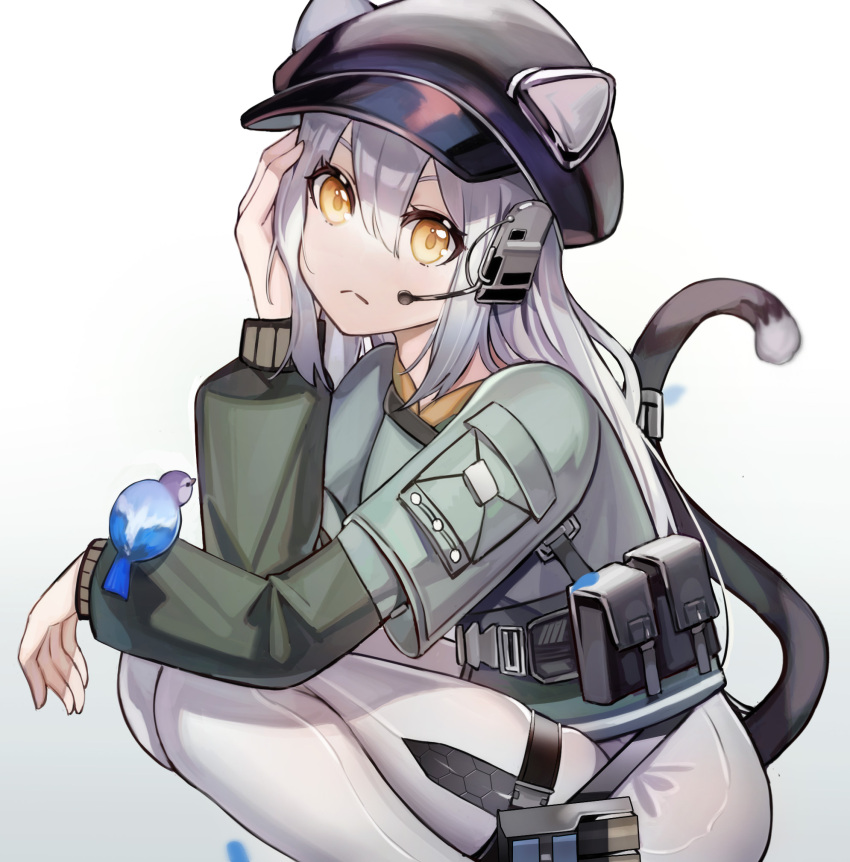 1girl :&lt; animal_ears animal_on_arm arknights bird bird_on_arm black_headwear cat_ears cat_girl cat_tail closed_mouth ears_through_headwear feet_out_of_frame from_side green_shirt hand_on_own_cheek hand_on_own_face headset highres long_hair long_sleeves looking_at_viewer looking_to_the_side official_alternate_costume pants pouch schwarz_(arknights) schwarz_(skyline)_(arknights) shirt silver_hair solo squatting tail tail_ornament thigh_strap tight tight_pants werlt white_pants yellow_eyes