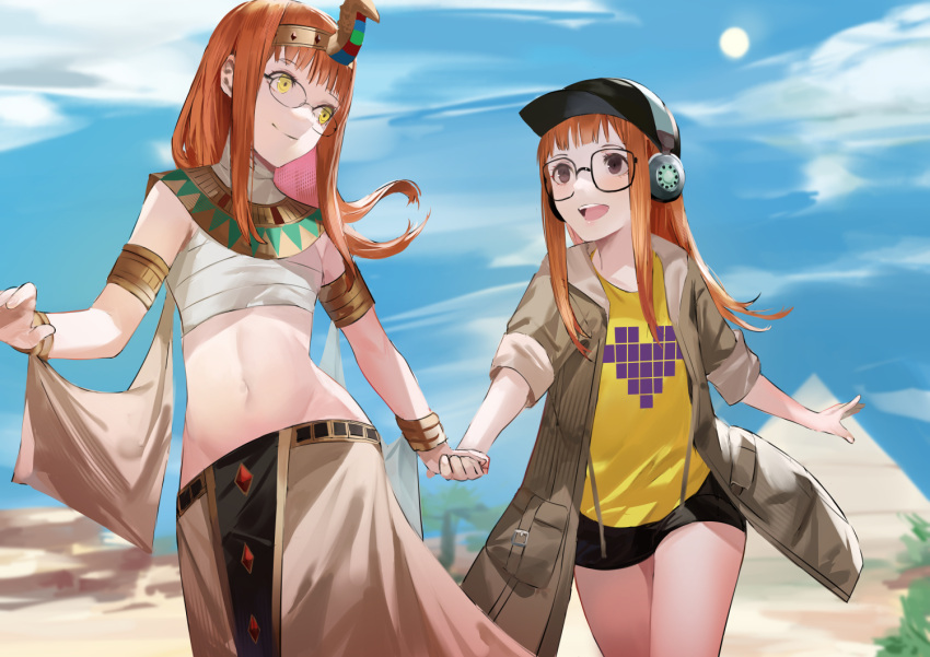 2girls armlet blazpu blue_sky clouds cloudy_sky desert egyptian_clothes glasses green_jacket hat headphones headpiece holding_hands jacket long_hair multiple_girls open_mouth orange_hair persona persona_5 persona_5_scramble:_the_phantom_strikers pixel_art pyramid sakura_futaba sand shirt short_shorts shorts sky smile sun yellow_eyes yellow_shirt