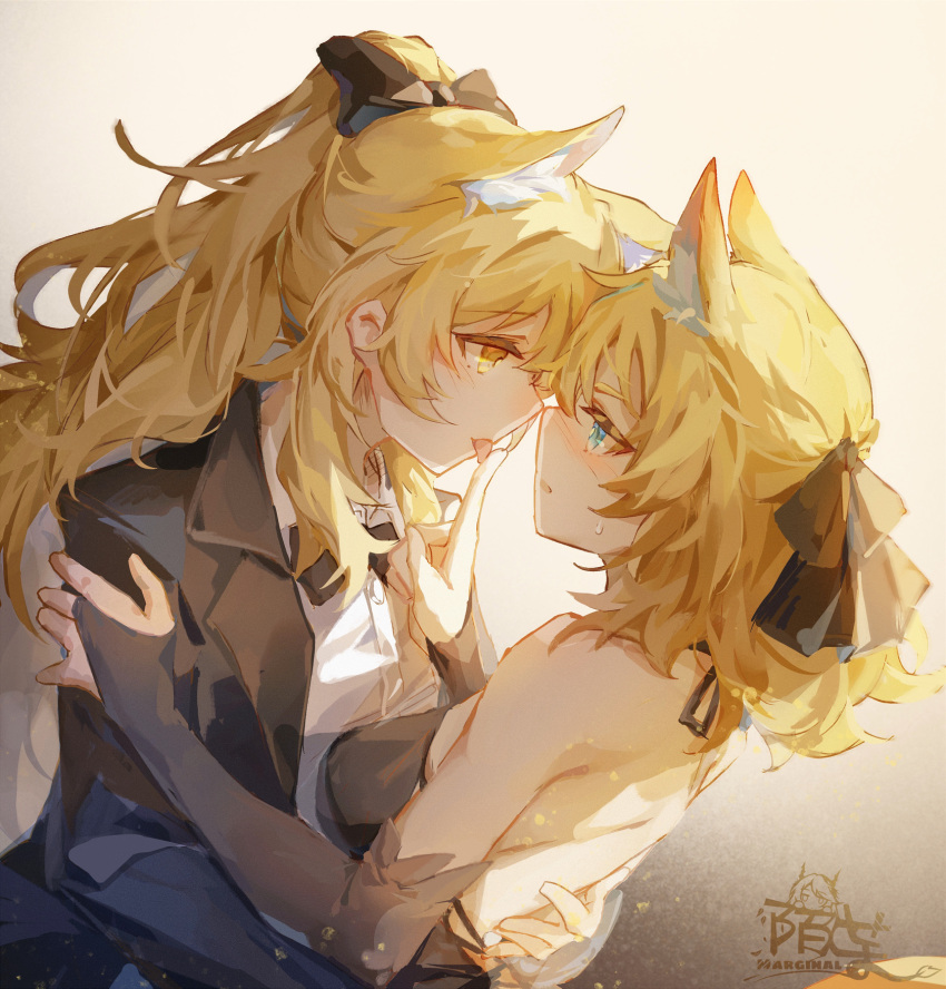 2girls alternate_costume animal_ears artist_name aunt_and_niece black_bow black_gloves black_ribbon blemishine_(arknights) blonde_hair blue_eyes blush bow bowtie chinese_commentary commentary_request elbow_gloves eye_contact face-to-face gloves hair_bow hair_ribbon hand_on_another's_back highres horse_ears incest long_hair long_sleeves looking_at_another moyu_marginal multiple_girls open_mouth partially_fingerless_gloves ribbon sweat tongue tongue_out upper_body wavy_hair whislash_(arknights) yellow_eyes yuri