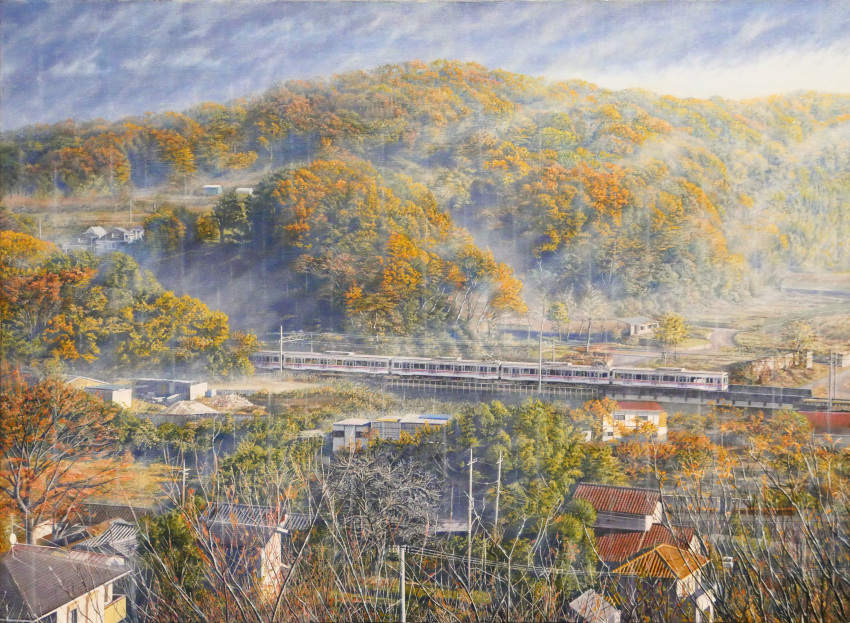 absurdres akashi_kaikyou autumn autumn_leaves bare_tree canvas_(medium) clouds commentary fog ground_vehicle highres hill house landscape no_humans oil_painting_(medium) original power_lines railroad_tracks rain real_world_location road rural scenery sky texture town traditional_media train tree utility_pole