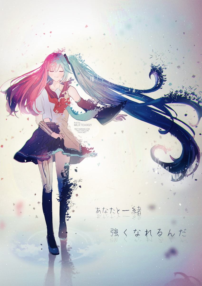 1girl bangs black_legwear black_sailor_collar black_skirt black_sleeves blue_hair clip_studio_paint_(medium) closed_eyes closed_mouth collared_shirt detached_sleeves facing_viewer floating_hair hair_ornament hatsune_miku henshin highres kneehighs long_hair long_sleeves milktea_0021 miniskirt neckerchief pink_hair pleated_skirt red_neckwear sailor_collar sailor_shirt school_uniform serafuku shiny shiny_hair shirt skirt smile solo thigh-highs very_long_hair vocaloid white_shirt wide_sleeves