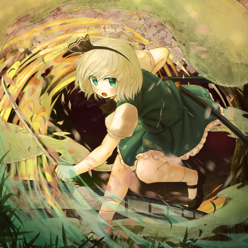 1girl absurdres ankle_socks black_footwear blonde_hair bridge cherry_blossoms commentary_request ekaapetto eyebrows_visible_through_hair green_eyes green_skirt green_vest hair_ribbon highres holding holding_sword holding_weapon katana konpaku_youmu konpaku_youmu_(ghost) leaf leaning_forward looking_at_viewer motion_blur open_mouth outdoors partial_commentary puffy_short_sleeves puffy_sleeves ribbon scabbard sheath shirt short_hair short_sleeves skirt solo standing standing_on_one_leg sword touhou vest weapon white_legwear white_shirt