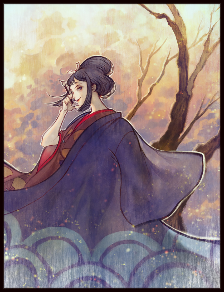 absurdres bangs black_hair branch clouds eboshi hair_ornament hair_ribbon hakama highres japanese_clothes kimono lipstick long_sleeves makeup mononoke_hime pale_skin pekomi red_lips ribbon straight_hair studio_ghibli tied_hair