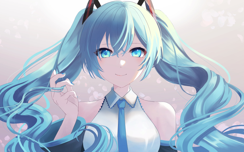 1girl absurdres bangs black_sleeves blue_eyes blue_hair blue_nails blue_neckwear closed_mouth collared_shirt detached_sleeves floating_hair hair_between_eyes hatsune_miku highres holding holding_hair inamori_(inari00000) long_hair long_sleeves looking_at_viewer nail_polish necktie shiny shiny_hair shirt sleeveless sleeveless_shirt smile solo upper_body very_long_hair vocaloid white_shirt wing_collar