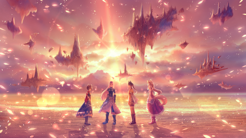 4girls animal_ears armor backlighting bangs beach black_hair blonde_hair blunt_bangs boots breastplate brown_hair cat_ears choker clouds cloudy_sky detached_sleeves dress fantasy floating_island footprints forehead fox_ears fox_tail gloves highres horizon lens_flare light_particles long_hair looking_to_the_side multiple_girls ocean open_mouth original parted_bangs pauldrons ponytail puffy_shorts sakimori_(hououbds) scenery shadow short_hair shorts shoulder_armor sidelocks skirt sky sleeveless sleeveless_dress smile sunset tail thigh-highs water