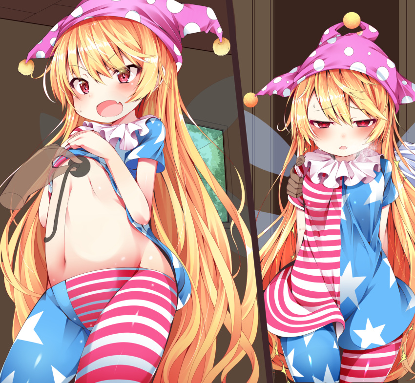 1boy 1girl american_flag american_flag_dress american_flag_legwear arrow_(symbol) bangs blonde_hair blush buta_(uhoiiotoko) clownpiece commentary_request cowboy_shot disembodied_limb dress dress_lift eyebrows_visible_through_hair fang frilled_shirt_collar frills hair_between_eyes hand_on_another's_shoulder hat highres jester_cap leggings lifted_by_self long_hair looking_at_viewer navel neck_ruff open_mouth pink_headwear polka_dot red_eyes shiny shiny_hair shiny_skin short_sleeves skin_fang solo_focus stethoscope textless touhou very_long_hair