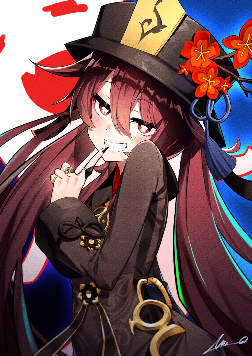 1girl absurdres black_nails blush chinese_clothes closed_eyes fang fingers genshin_impact ghost hair_between_eyes half-closed_eyes hat highres hu_tao huge_filesize index_finger_raised jewelry long_hair long_sleeves looking_at_viewer nail_polish open_mouth overlord_(overlord80000) smile smug solo teeth twintails very_long_hair