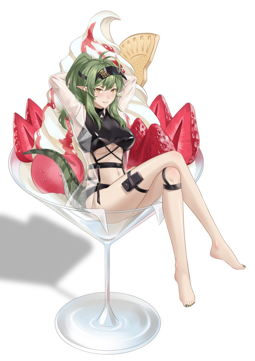 1girl absurdres antenna_hair arknights arms_up bangs bare_legs blush breasts chinese_commentary commentary_request crocodilian_tail crossed_legs cup da_akana_xiv drinking_glass food gavial_(arknights) green_hair green_nails grin highres ice_cream long_hair looking_at_viewer medium_breasts navel open_clothes open_shirt parted_lips pointy_ears ponytail pouch see-through shadow simple_background sitting smile solo stomach tail thigh_strap thighs toenail_polish under_boob visor_cap white_background wine_glass yellow_eyes