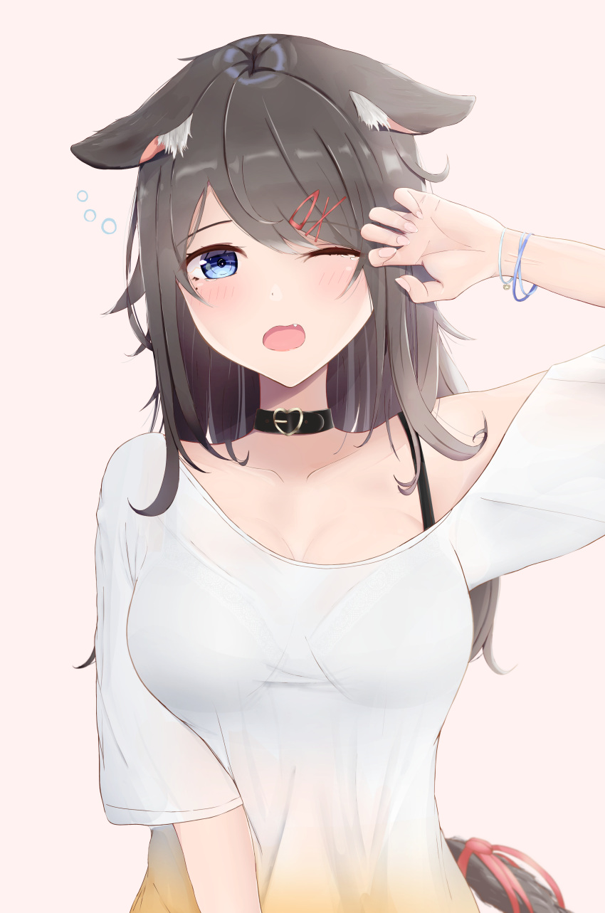 1girl ;o absurdres animal_ear_fluff animal_ears black_hair blue_eyes blush bracelet breasts claw_pose collar collarbone fang hair_ornament hairclip hand_up heart_collar highres inaka_44 jewelry large_breasts long_hair looking_at_viewer off_shoulder one_eye_closed open_mouth original ribbon shirt solo tail tail_ornament tail_ribbon white_shirt wolf_ears x_hair_ornament